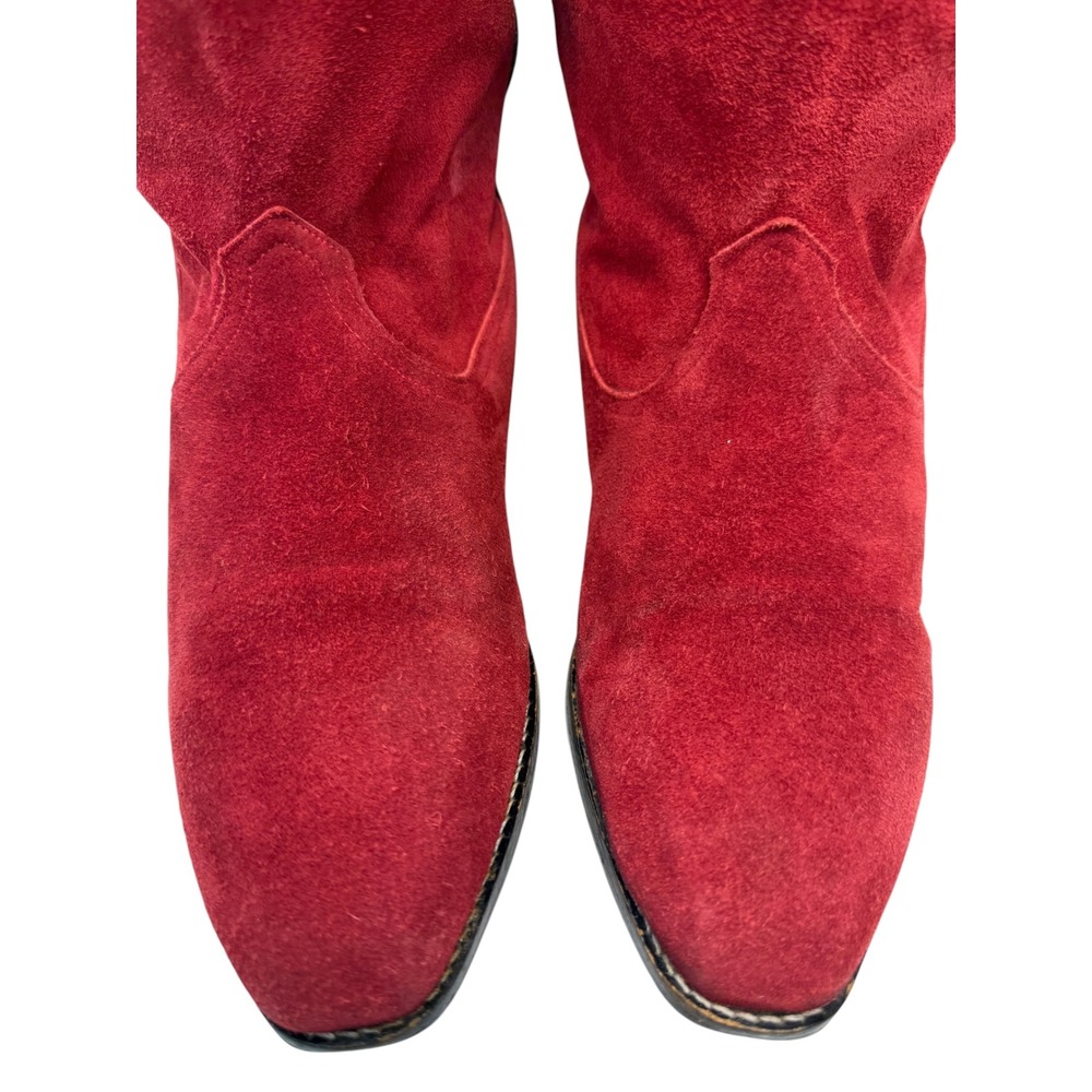 Red Suede Tall Western Cowboy Slouch Boots Women Size 8.5 Low Heel V-Cut Topline - Picture 3 of 10